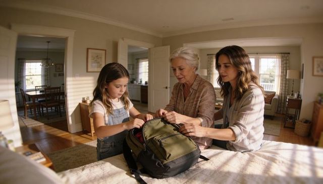 Multigenerational family packing backpack together in sunlit bedroom