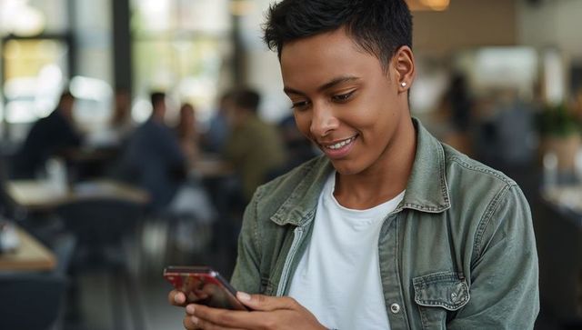 Young man scrolling smartphone in cafe wearing olive jacket and white tee smiling