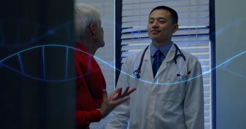 Listening Doctor conversing with DNAs Strand Overlay