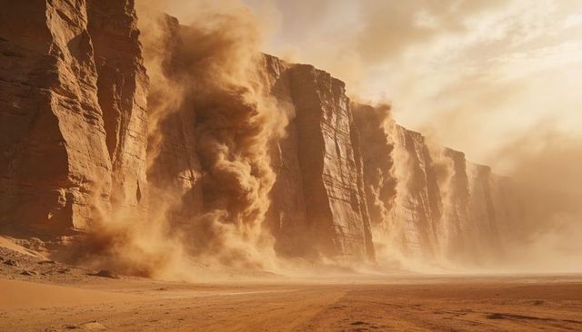 Sandstone cliffs shedding dust plumes over desert plain in golden sunlight