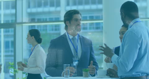 Business Professionals Having Discussion with Digital Overlay in Modern Office