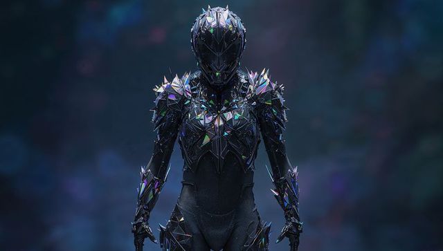 Iridescent crystal armor warrior wearing faceted cybernetic helmet in dark studio