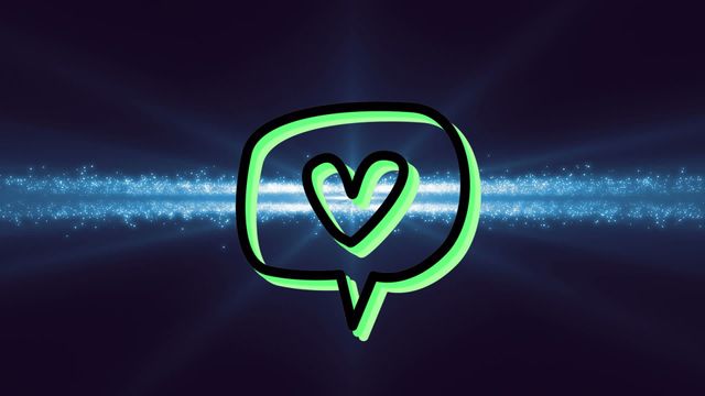 Features a neon green chat bubble with heart icon on a cosmic blue shimmering background. Ideal for digital communications themes, social media graphics, or futuristic design elements highlighting communication and connection.