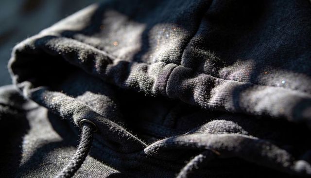 Close-up dark hoodie fleece texture with subtle glitter sparkle and drawstring detail