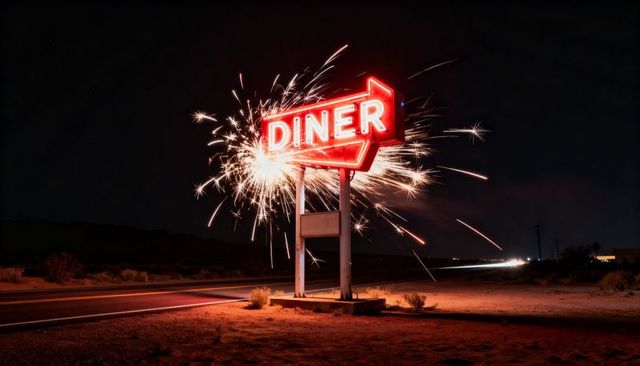 Sparking neon diner sign glowing over desert highway night retro arrow light trails