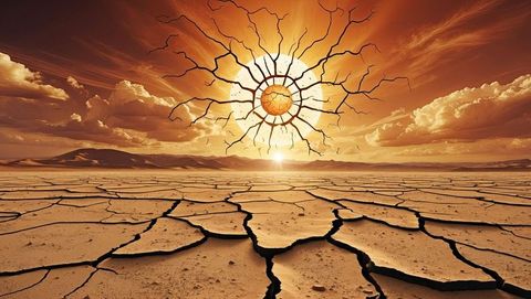 Cracked sun over barren desert symbolizing drought and environmental devastation