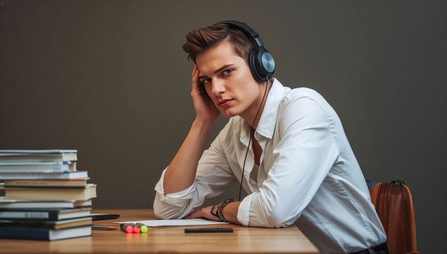Focused young man studying at desk with headphones and books, modern minimalist workspace
