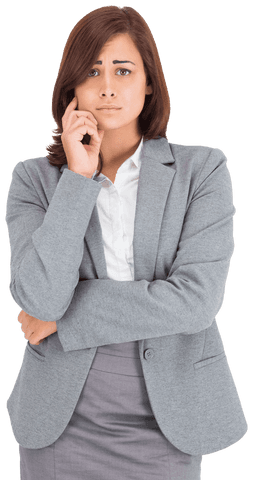 Worried Caucasian Businesswoman Deep in Thought on Transparent Background