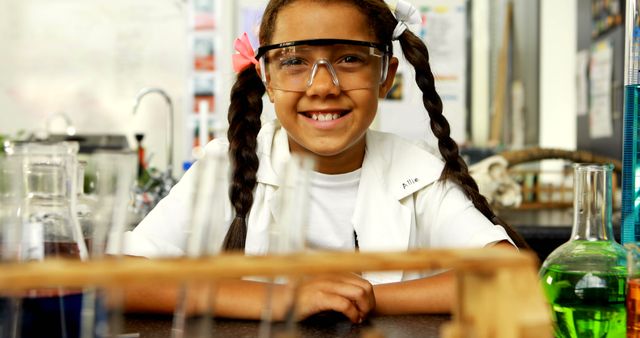 Smiling Young Girl in Science Lab with Safety Goggles and Braided Hair - Download Free Stock Images Pikwizard.com