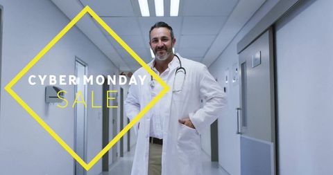 Cyber Monday Sale Doctor Promotion in Hospital Corridor