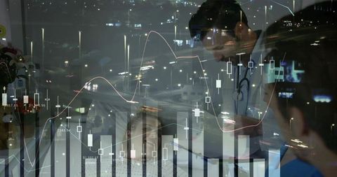 Smiling patient receiving doctor care with healthcare analytics and city lights overlay