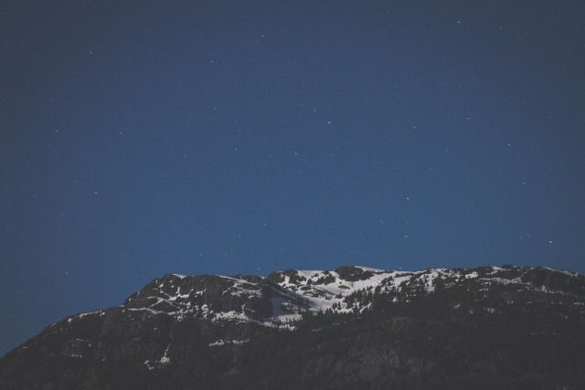 Peaceful starry night sky over snow-capped mountain. Ideal for nature wallpapers, posters, travel brochures, and backgrounds focused on tranquility and natural beauty.