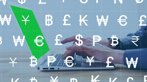 Businessman Typing on Laptop with Global Currency Icons Overlaid