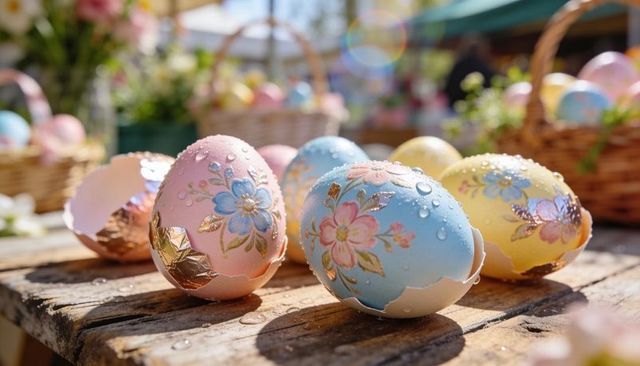Displaying hand-painted pastel Easter eggs with floral gilding and dewy cracked shells on weathered 