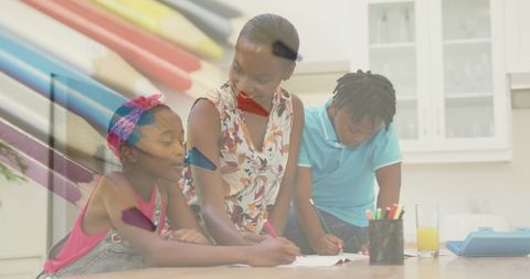 Mother Guides Young Daughter in Homework with Supportive Background