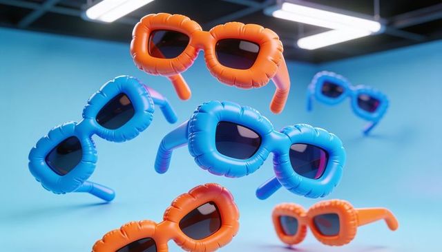 Floating inflatable sunglasses rotating in vibrant blue studio with overhead neon lights