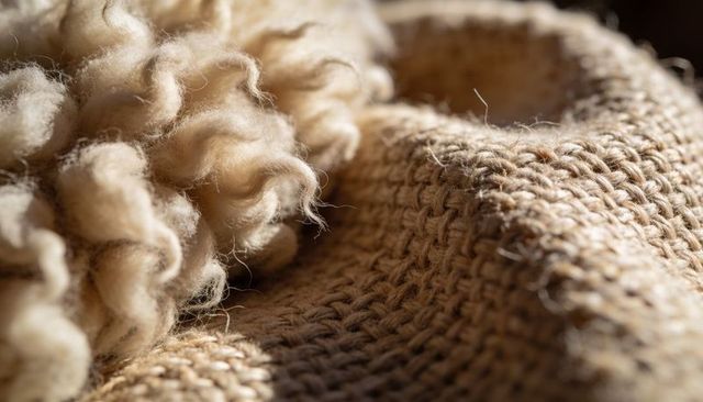 Showing cream wool roving on handknit beige sweater macro texture for textile design