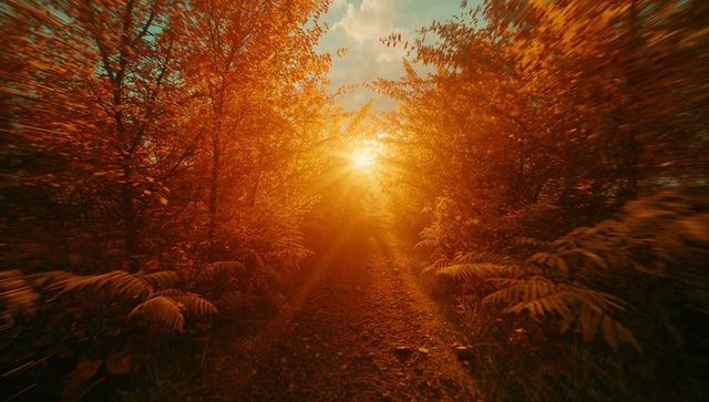 Golden Sunrise Through Autumnal Forest Path