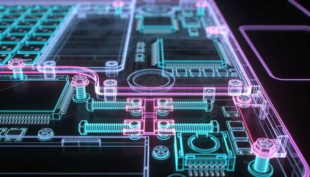 Neon wireframe pcb close-up showing screws, standoffs, ics and glowing circuit traces