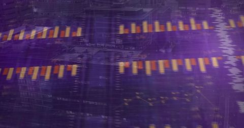 Violet urban data overlay with parallel orange bar charts conveying financial analytics