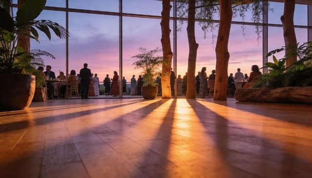 Guests mingling in glass conservatory at sunset with dramatic floor reflections