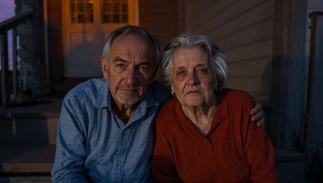 Senior couple embracing on porch at twilight with warm door glow and intimate rustic mood
