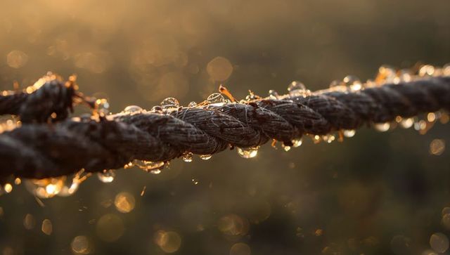 Golden dew on twisted natural fiber rope closeup with warm sunlight bokeh and macro detail