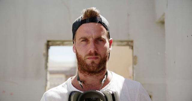 Focused Construction Worker Outdoors with Respirator - Download Free Stock Images Pikwizard.com