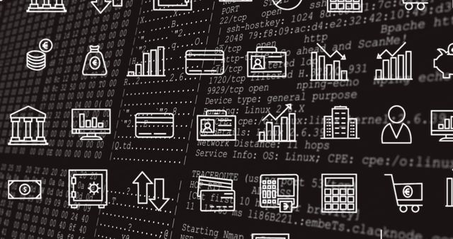 Digital Business Icons on Black Code Background - Download Free Stock Images Pikwizard.com