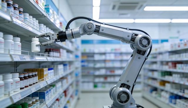 Robotic pharmacy arm picking medicine bottle from shelf, automating dispensing and inventory