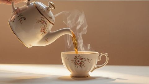 Pouring vintage porcelain teapot into floral gold-trim teacup with rising steam