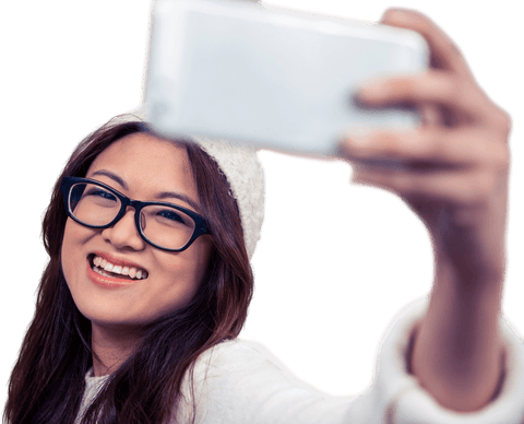 Asian Woman in Glasses Taking Cheerful Selfie on Transparent Background