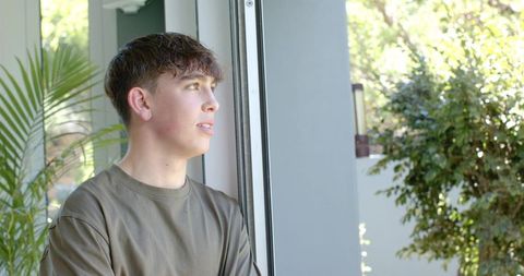 Teenage man gazing through glass door toward sunlit garden with indoor palm, serene mood