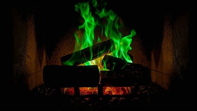 Green flames burning over glowing embers on rustic wood logs in hearth, emerald glow