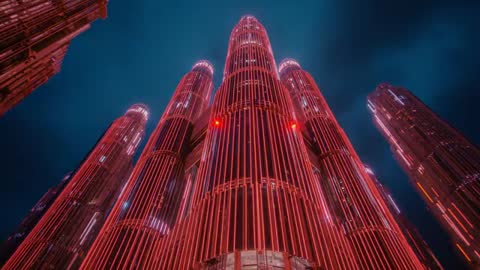 Futuristic Towers Illuminated with Neon Red Lights at Night