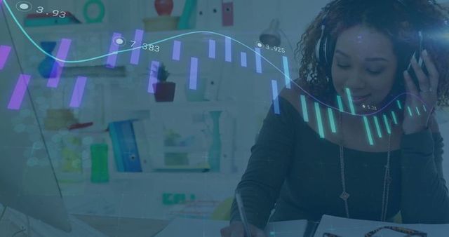 Woman engaging in analytics with headset and laptop in home office