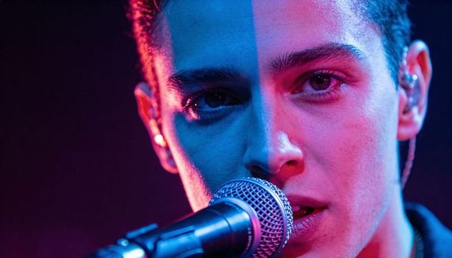 Male singer performing intense close-up with neon blue and magenta stage lighting