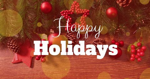 Festive Holiday Greeting with Christmas Decorations on Wood