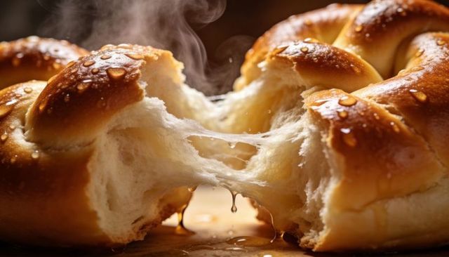 Pulling apart braided challah with steam and honey drips, close-up warm bakery bread