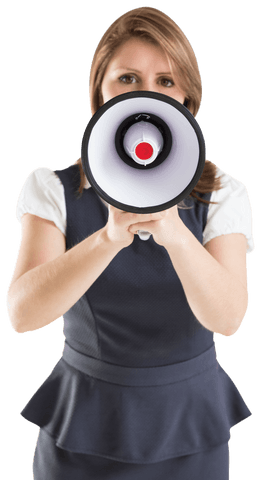 Confident businesswoman speaking through megaphone transparent background