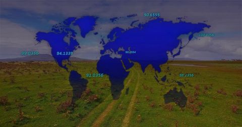World Map Overlay with Teal Numerics on Green Grassland Track