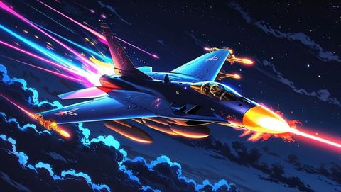 Futuristic f16 fighter jet emitting neon trails at high speed