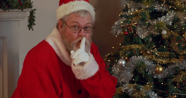 Portrait of santa claus with finger on lips and christmas tree with copy space - Download Free Stock Photos Pikwizard.com