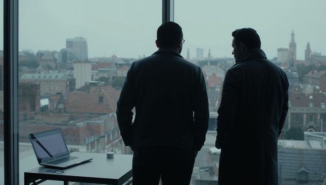 Two businessmen standing at office window overlooking city skyline, discussing strategy