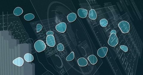 Futuristic interface with teal markers on digital data panels