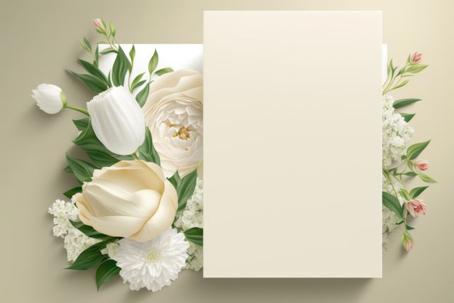 Blank white card surrounded by an elegant floral arrangement with peonies, tulips, daisies, and green foliage. Perfect for use in invitations, wedding announcements, greeting cards, or any stationary designs needing a delicate and sophisticated floral background.