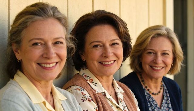 Three smiling senior women sharing friendship on porch wearing cardigans and necklaces