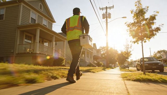 Walking utility worker carrying toolbox on sunlit suburban sidewalk during golden hour