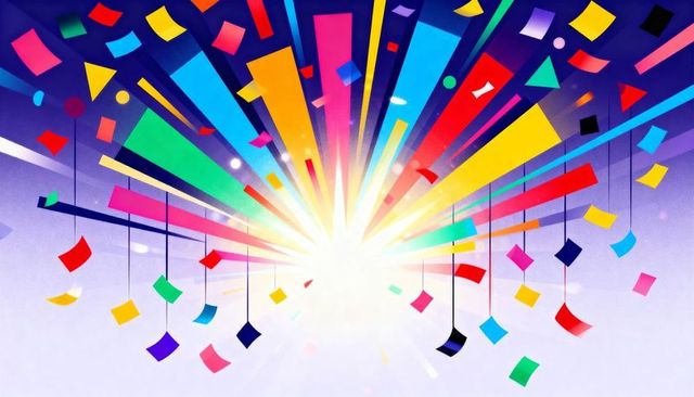 Radiating multicolor burst with hanging confetti tags for festive design