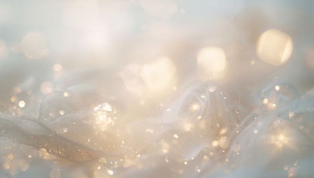 Shimmering fibrous macro glow with bokeh sparkle soft translucent threads warm glitter
